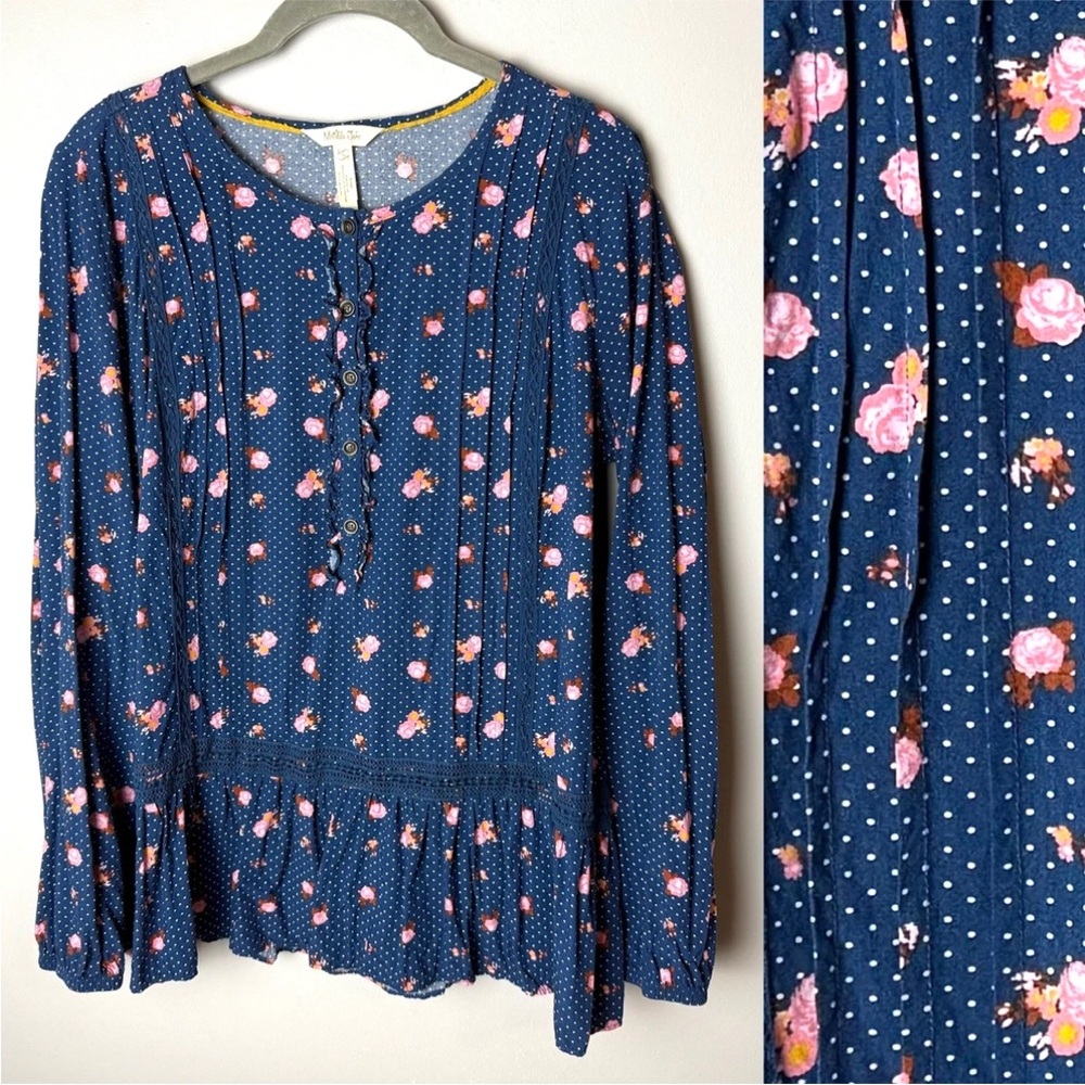 Matilda Jane Blouse Size Large Top Long Sleeves Floral Polka Dots Blue Pink
